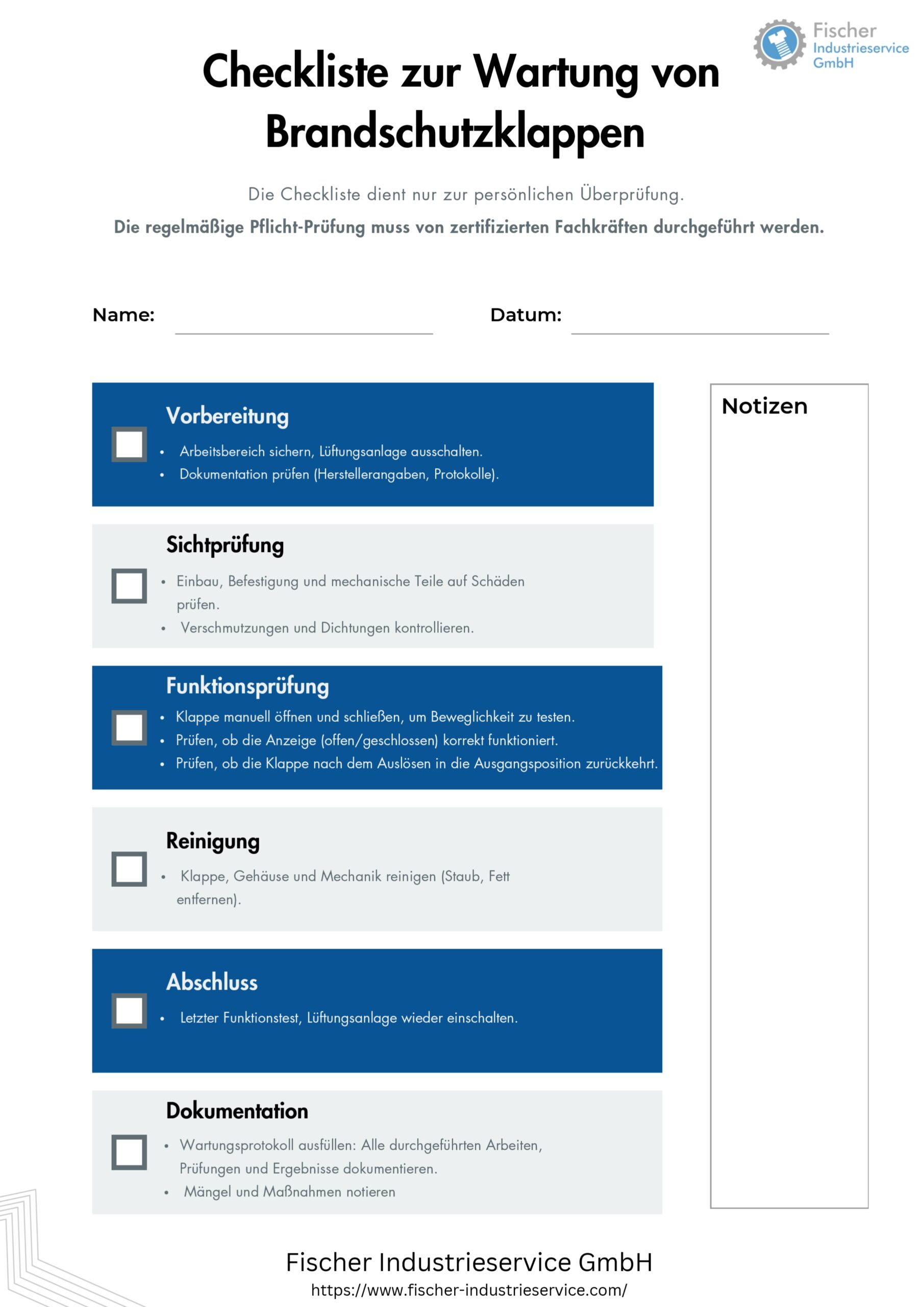 Kostenlose Checkliste zur Wartung von Brandschutzklappen – Schritt-für-Schritt-Anleitung für Sichtprüfung, Funktionsprüfung und Dokumentation